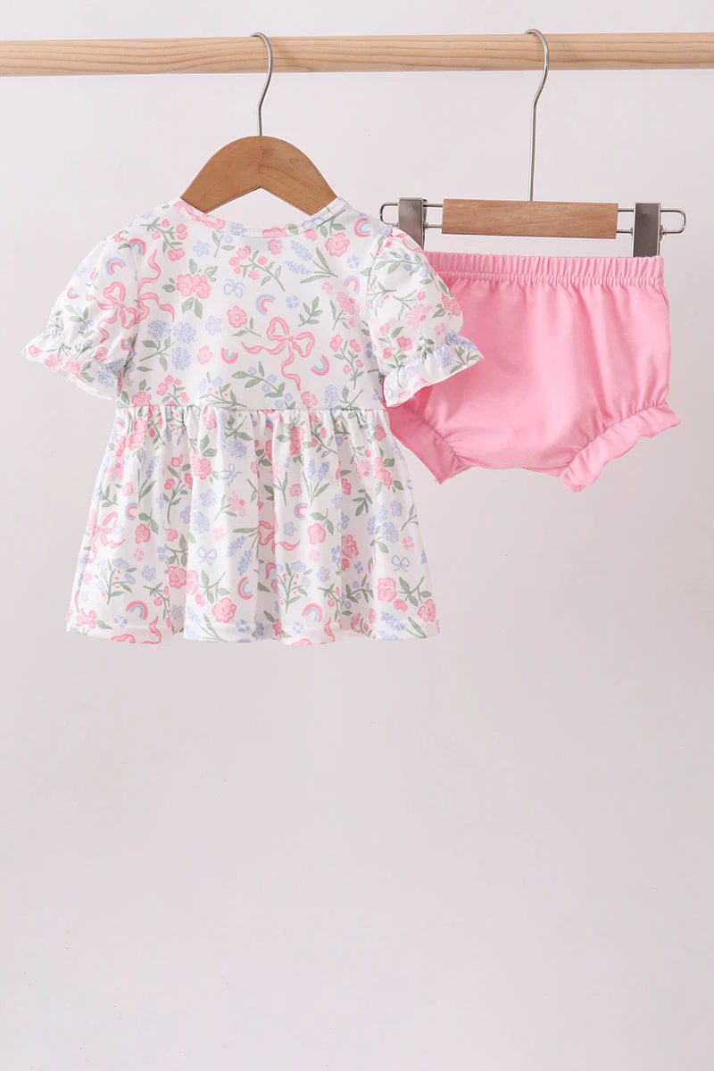 Pink floral bow smocked ruffle bloomer set - Image 3