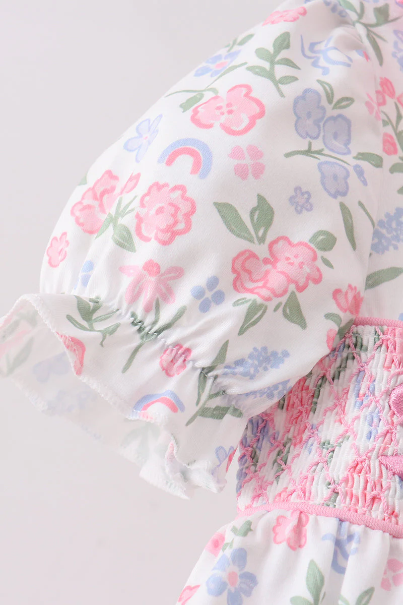 Pink floral bow smocked ruffle bloomer set - Image 5