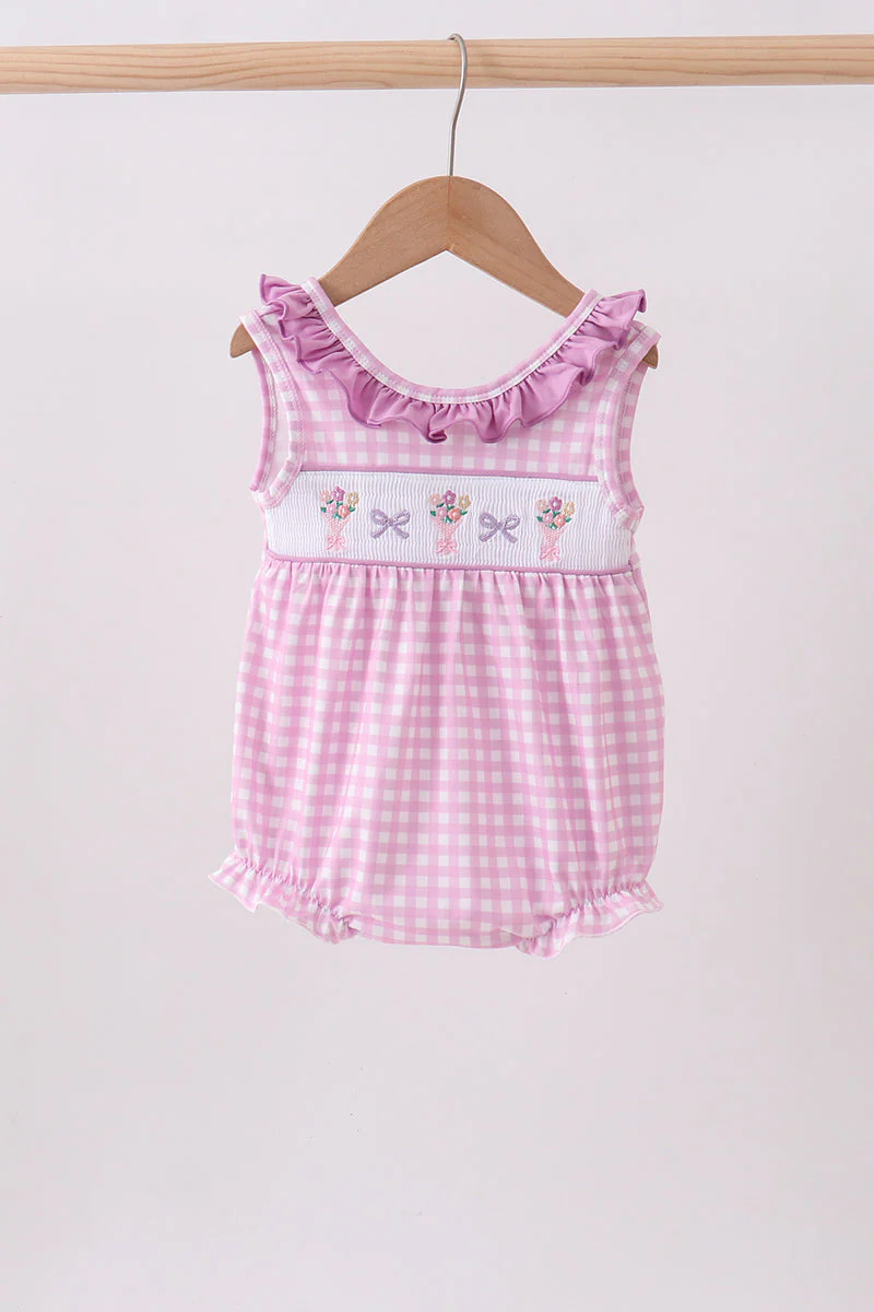Pink floral bow smocked ruffle bubble