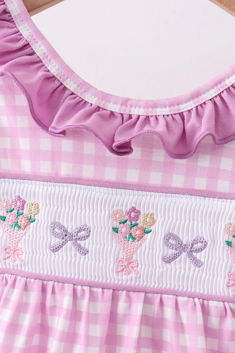 Pink floral bow smocked ruffle bubble - Image 2