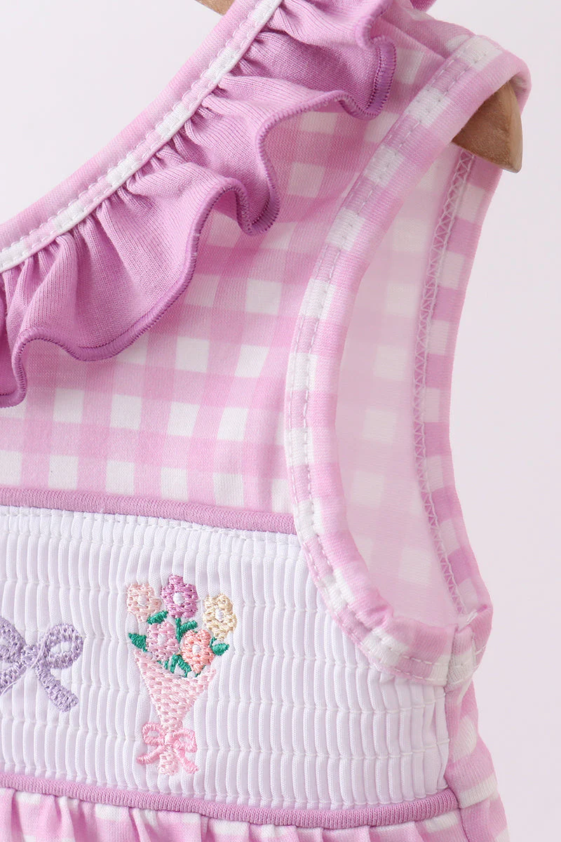 Pink floral bow smocked ruffle bubble - Image 3