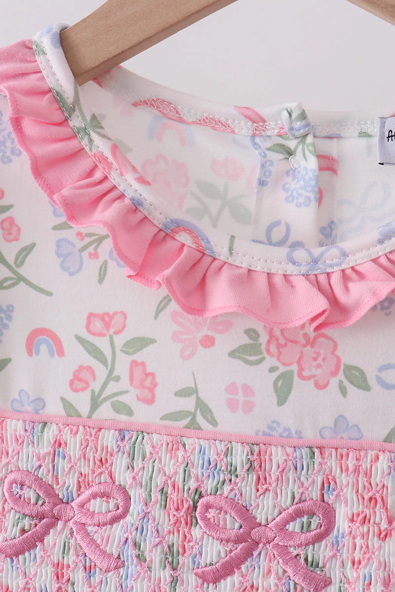 Pink floral bow smocked ruffle dress - Image 2