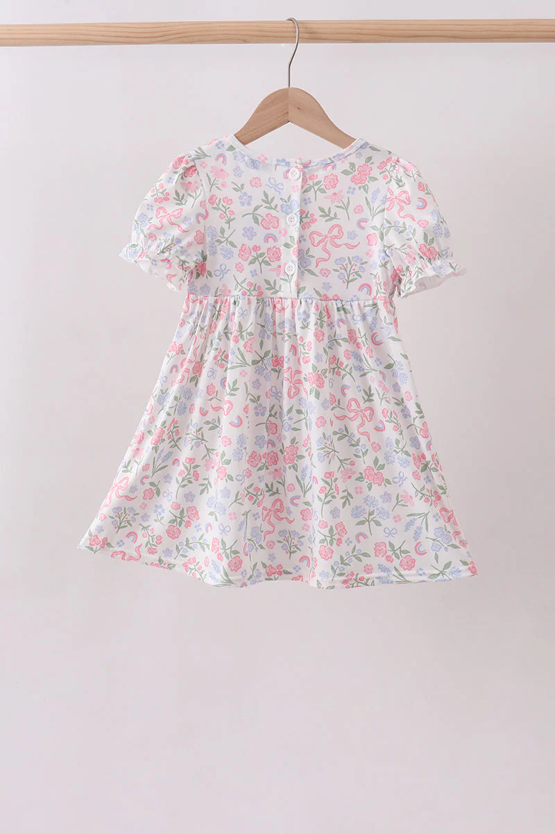 Pink floral bow smocked ruffle dress - Image 6