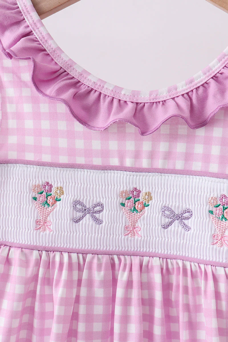 Pink floral bow smocked ruffle shorts set - Image 2