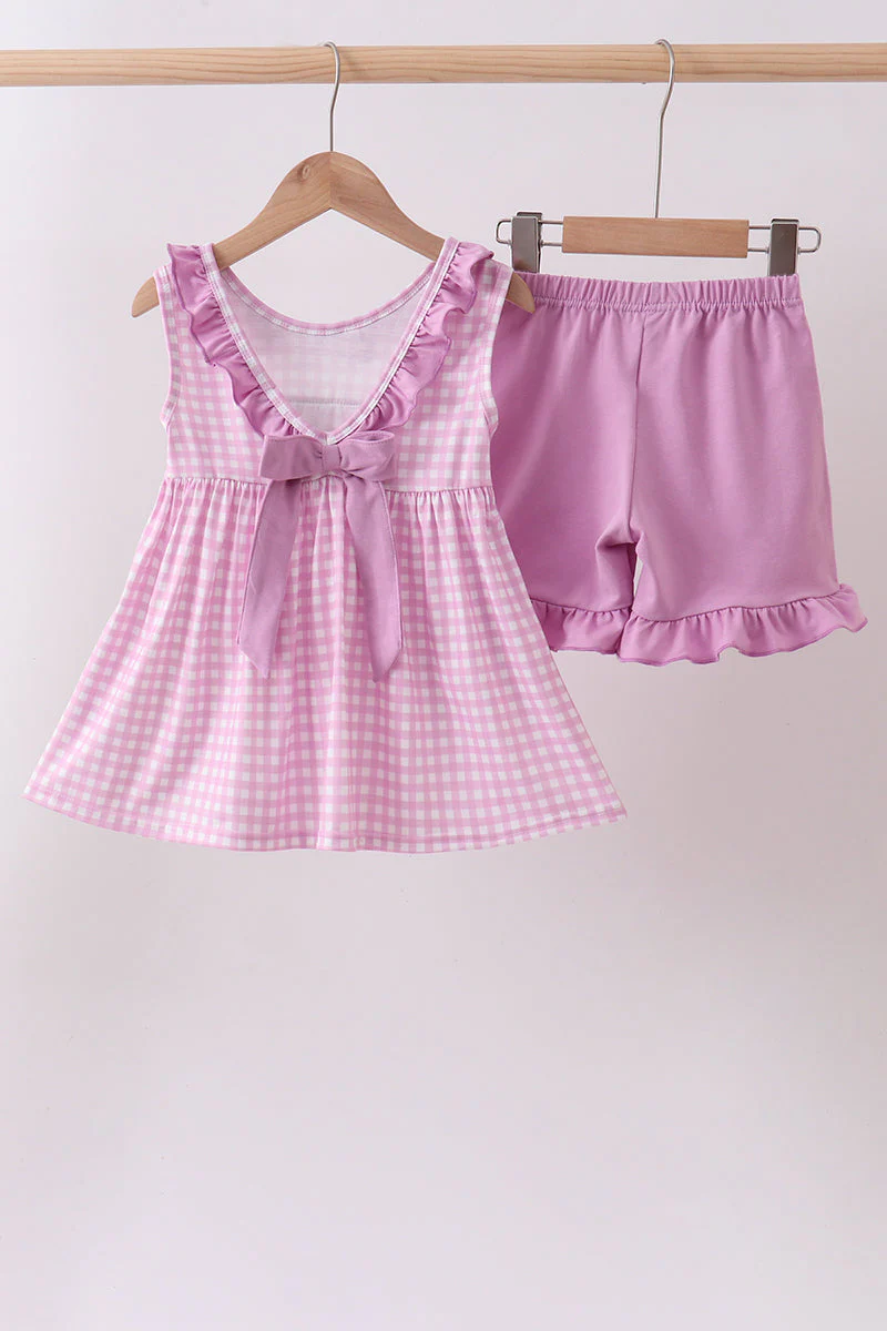 Pink floral bow smocked ruffle shorts set - Image 6