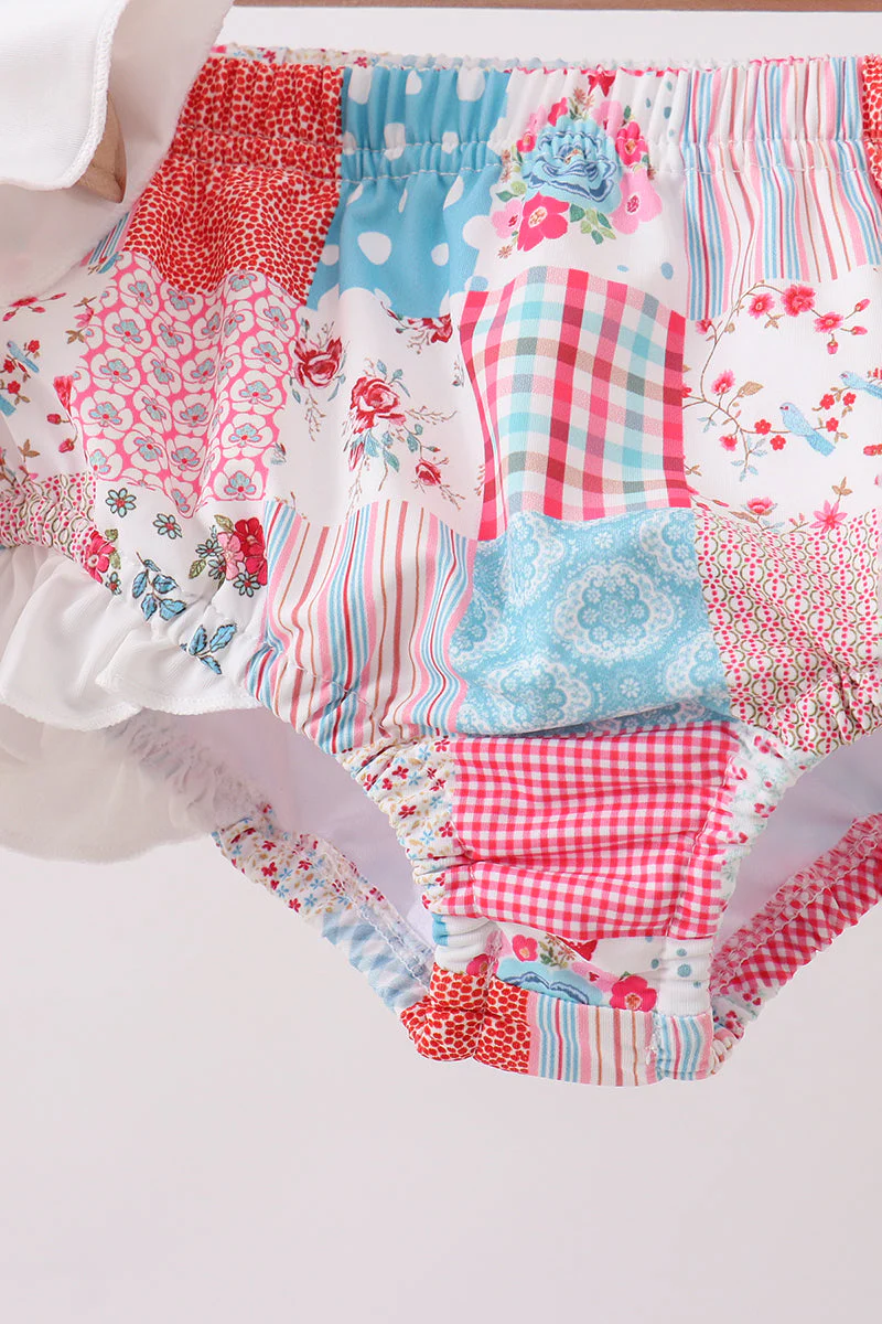 Pink floral patchwork ruffle 2pc swimsuit - Image 3