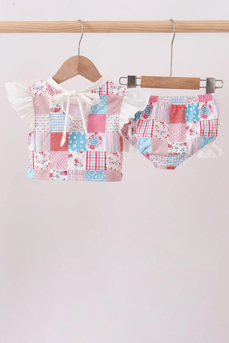 Pink floral patchwork ruffle 2pc swimsuit - Image 5