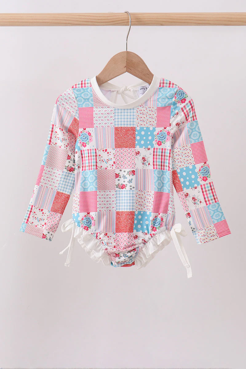 Pink floral patchwork ruffle rashguard
