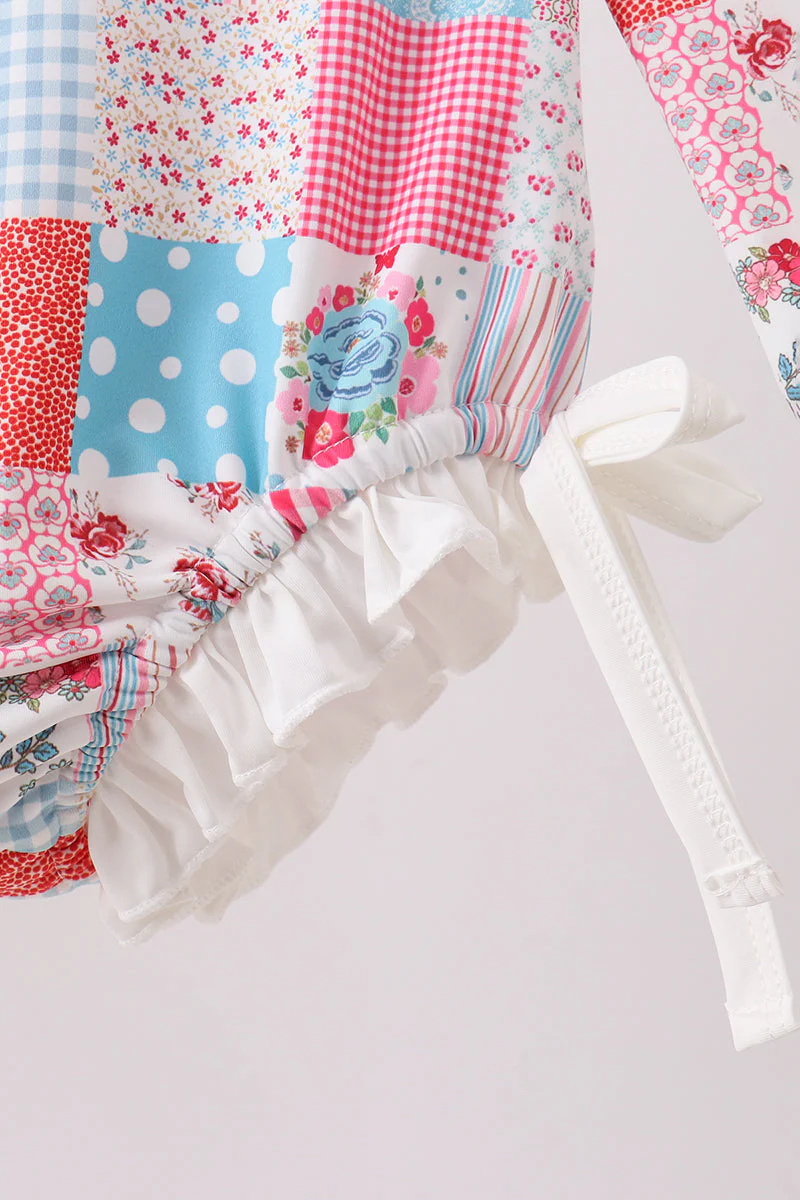 Pink floral patchwork ruffle rashguard - Image 2