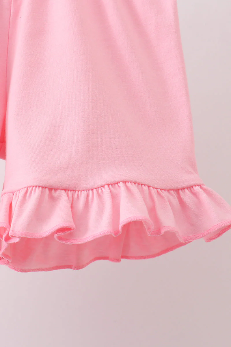 Pink floral print bow ruffle shorts set - Image 3