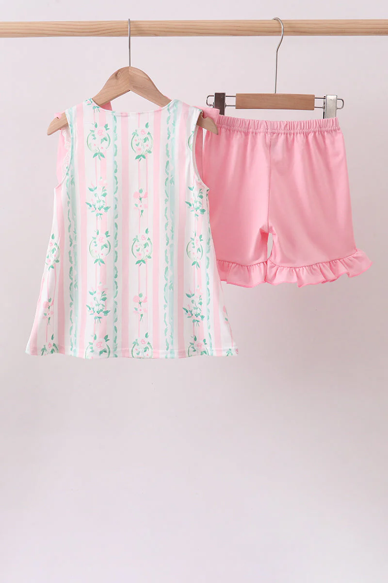 Pink floral print bow ruffle shorts set - Image 4