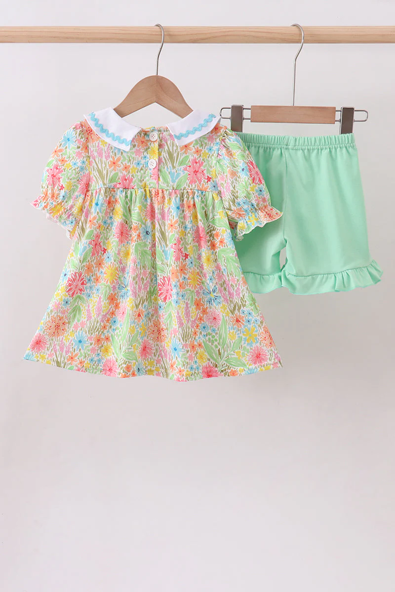 Pink floral print puff sleeve ruffle shorts set - Image 5