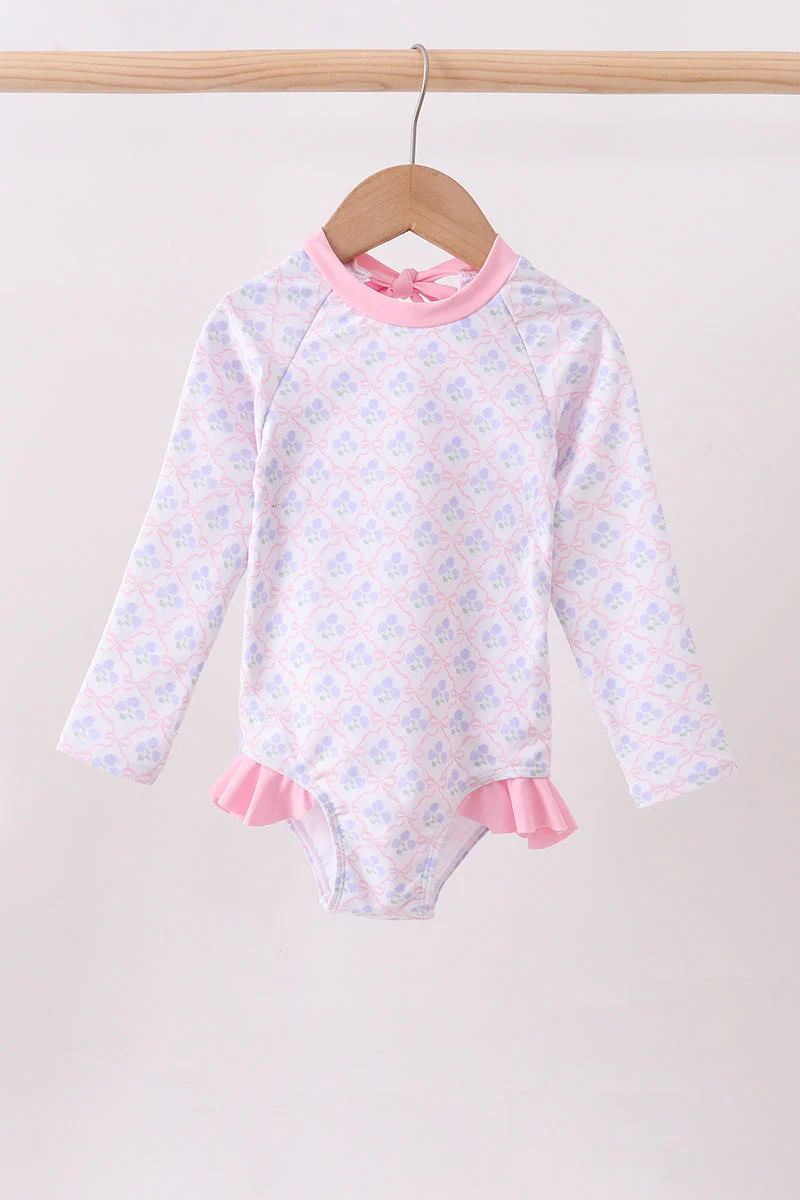 Pink floral print ruffle rashguard