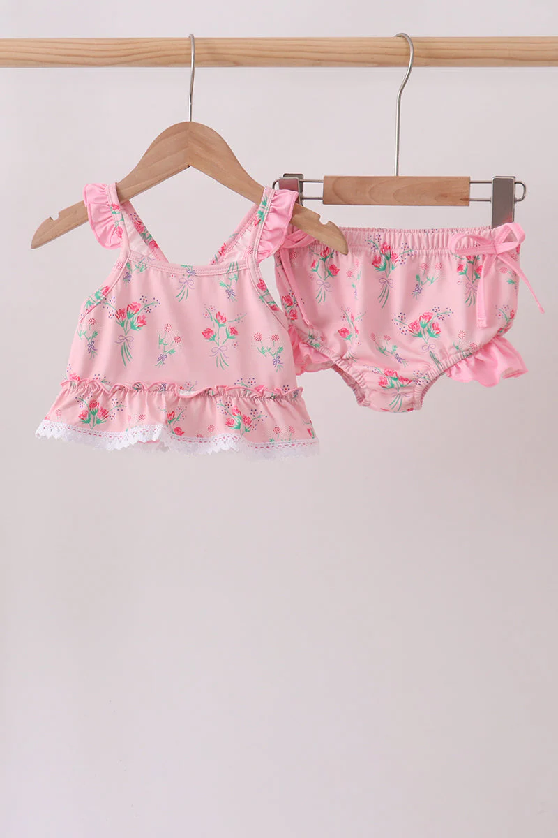 Pink Floral Ruffle 2pc Swimsuit