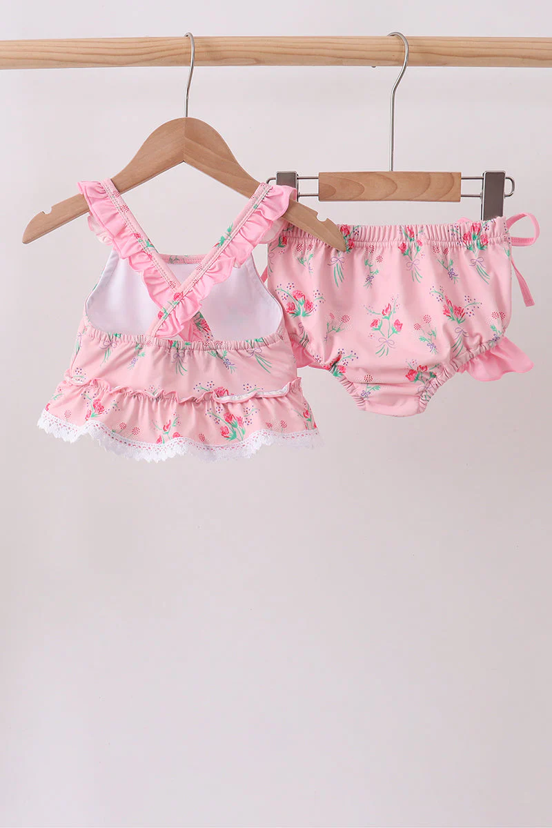 Pink Floral Ruffle 2pc Swimsuit - Image 5