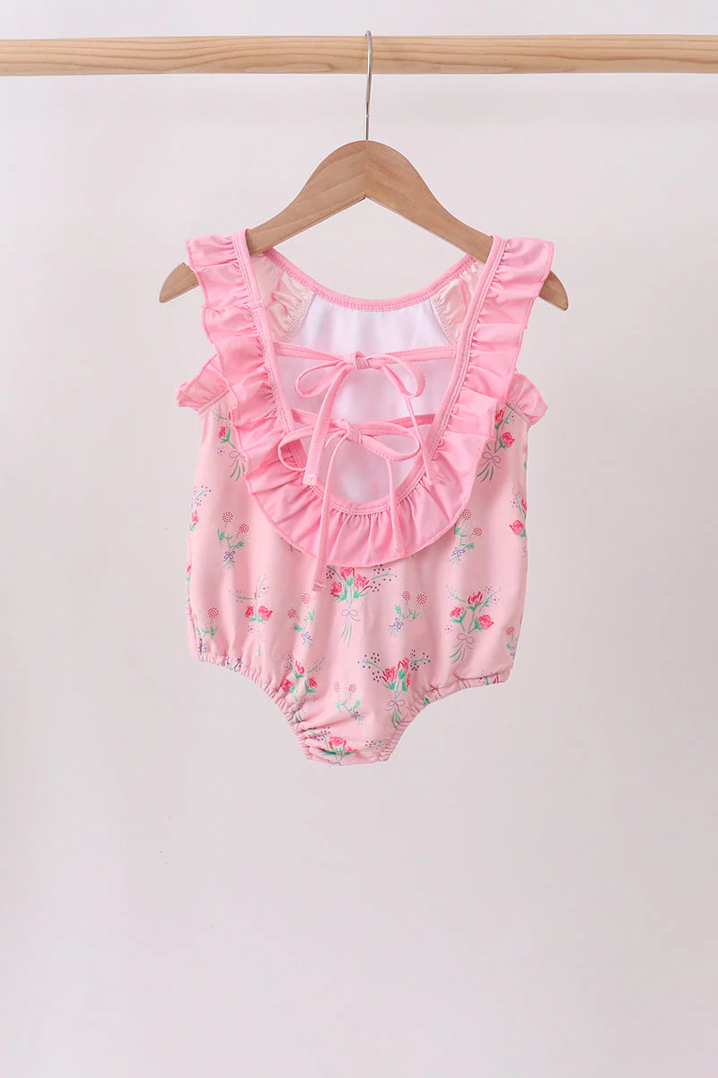 Pink Floral Ruffle One-Piece Swimsuit - Image 5