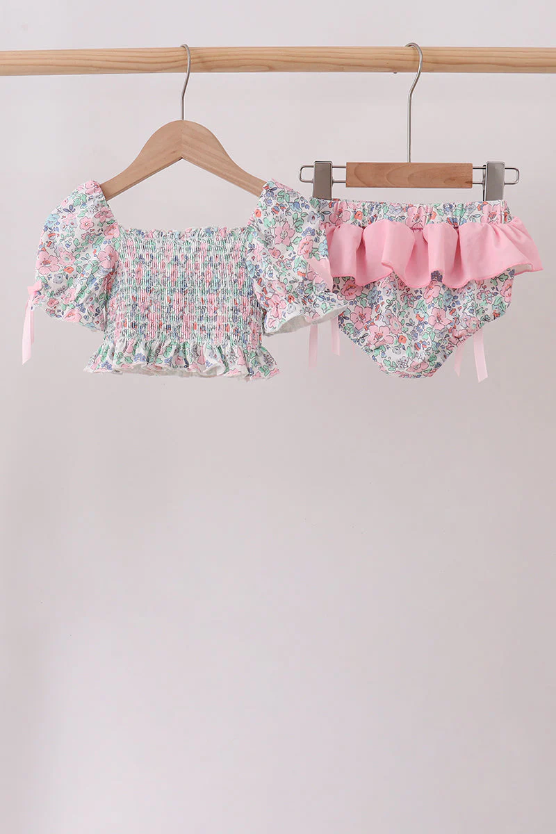 Pink Floral Smocked Swimsuit - Image 2