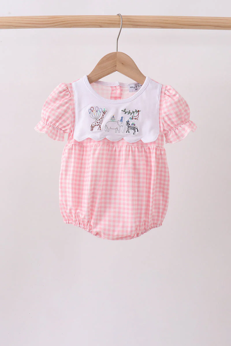 Pink Gingham Animal Embroidered Bubble