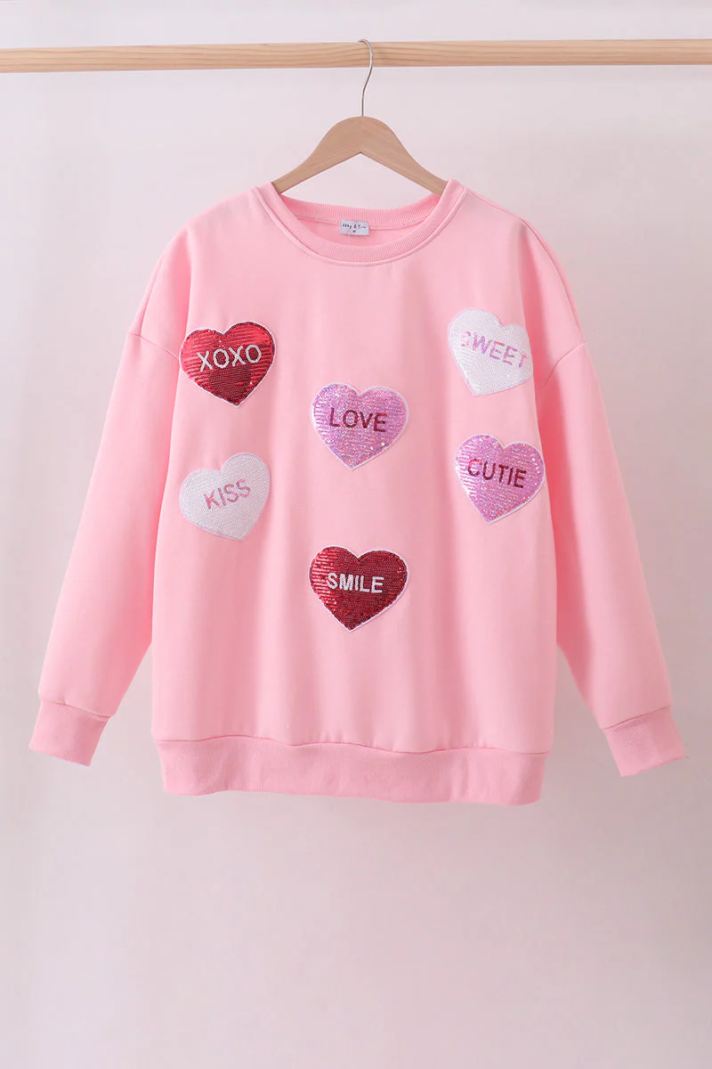 Pink heart love smile sequin fleece mom&me sweatshrit - Image 3