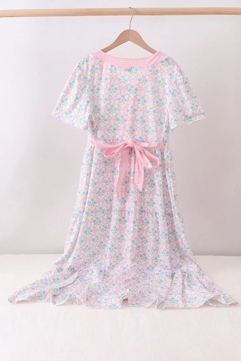 Pink hydrangea bow print tiered dress - Image 3