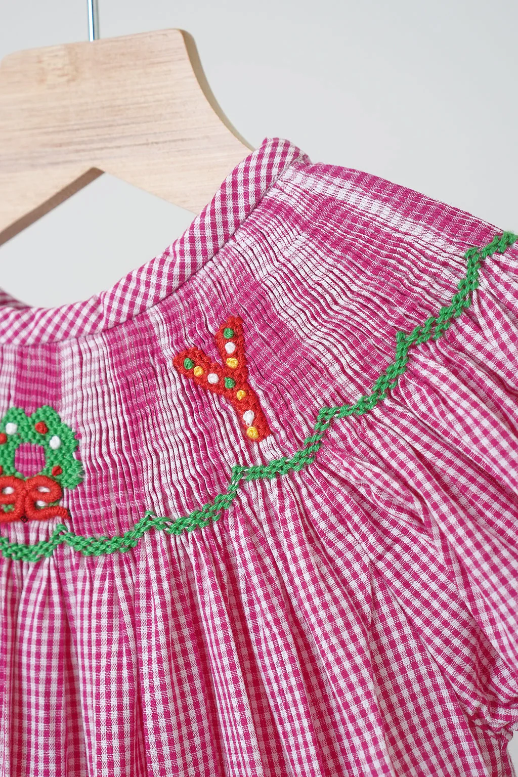 Pink joy hand smocked girl gingham romper - Image 4