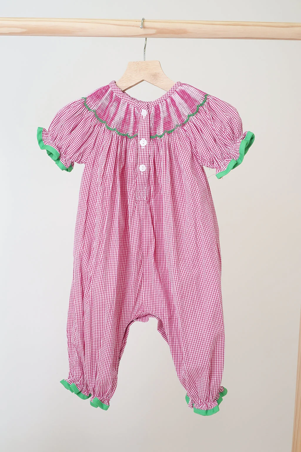 Pink joy hand smocked girl gingham romper - Image 5