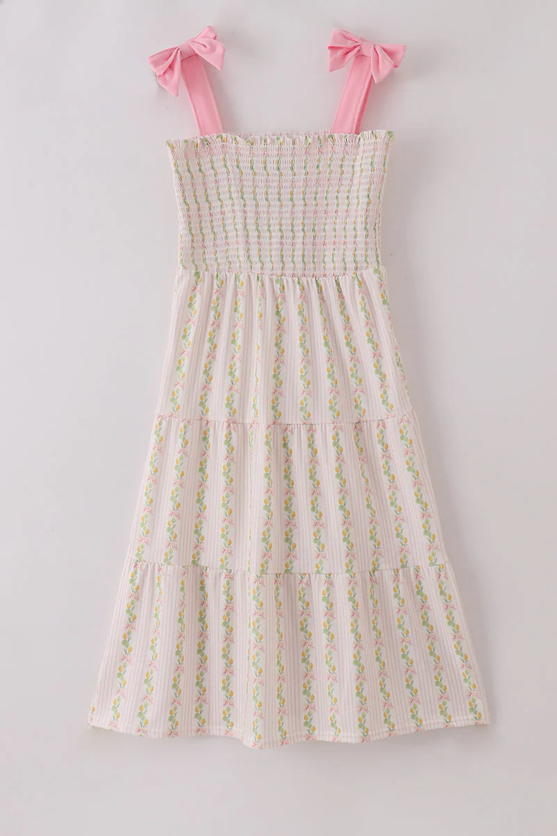 Pink lemon print bow smocked tiered mom&me dress - Image 2