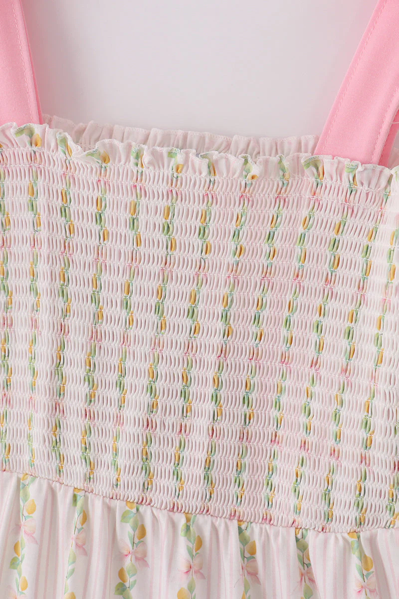 Pink lemon print bow smocked tiered mom&me dress - Image 3