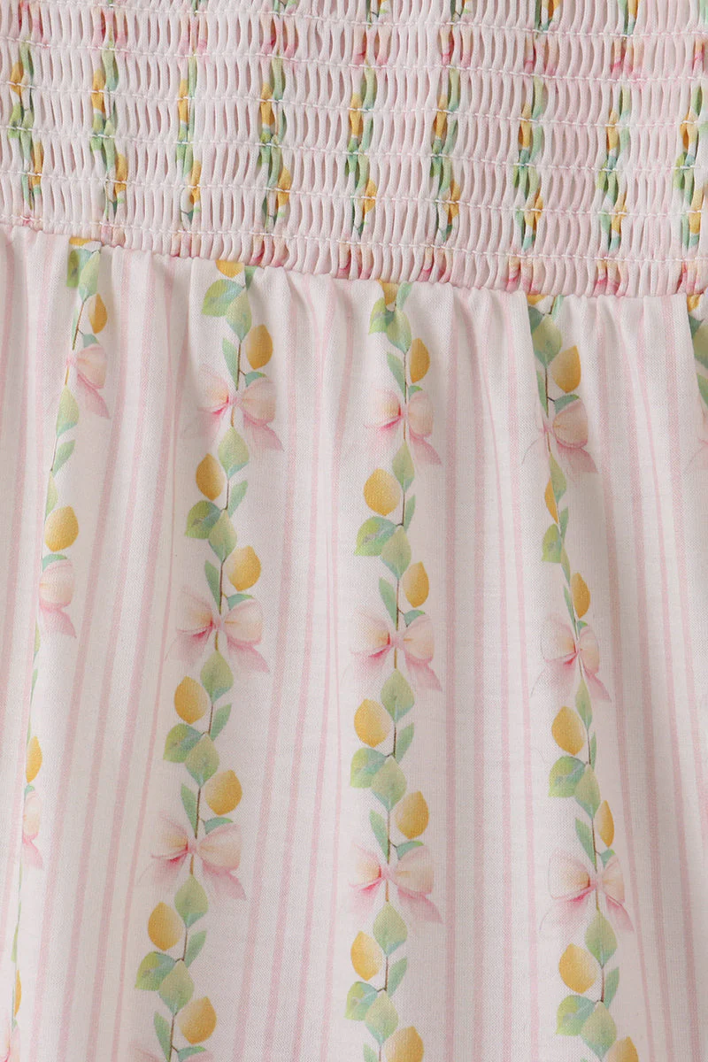 Pink lemon print bow smocked tiered mom&me dress - Image 4