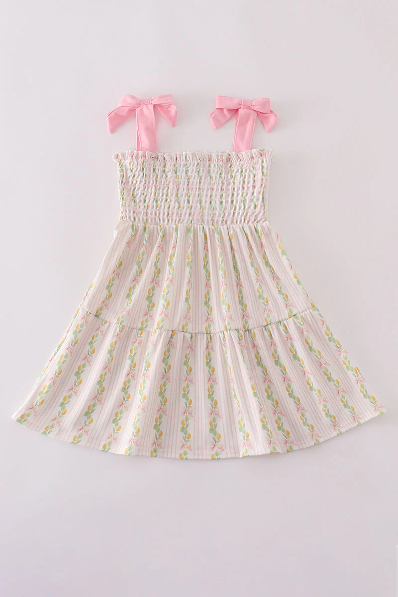Pink lemon print bow smocked tiered mom&me dress - Image 5
