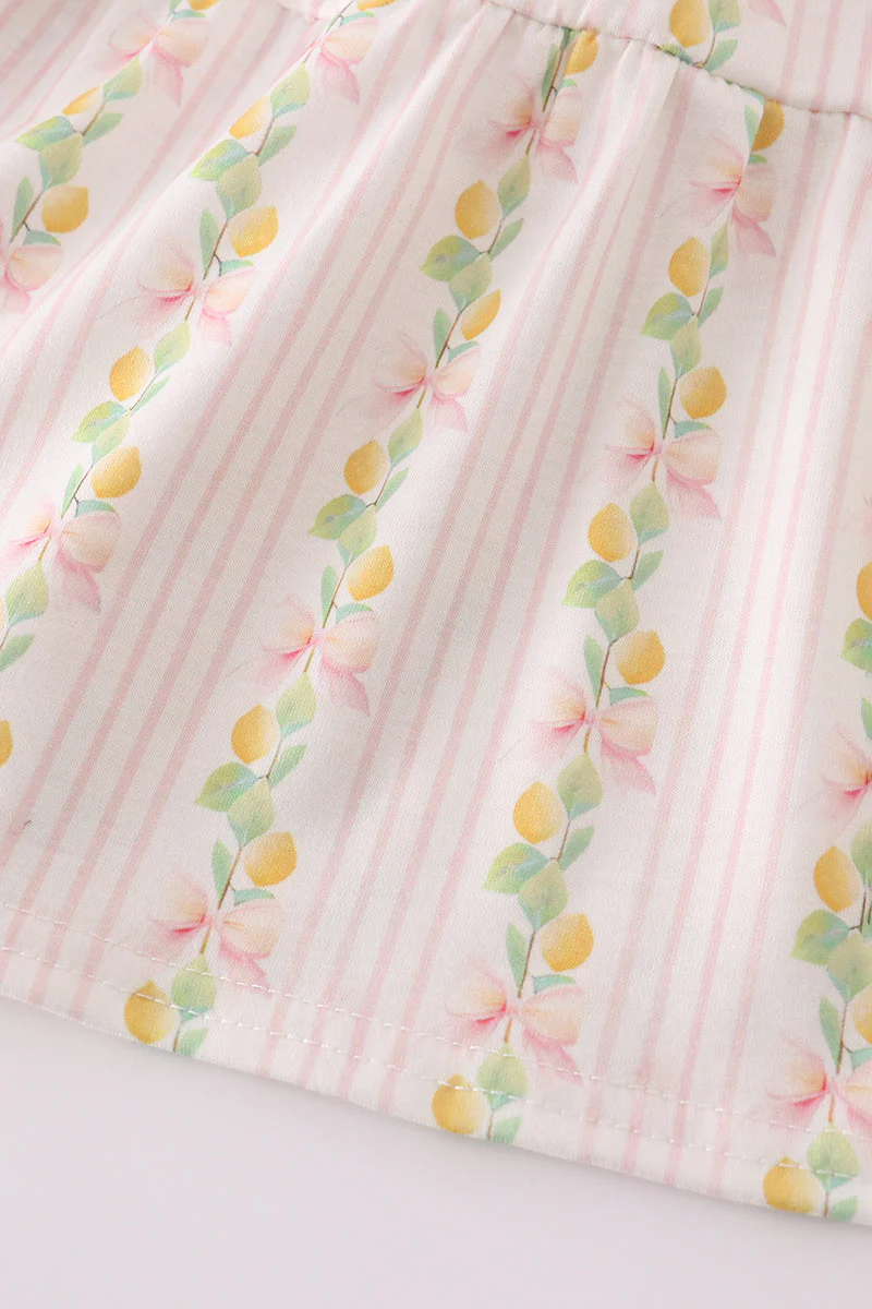 Pink lemon print bow smocked tiered mom&me dress - Image 7