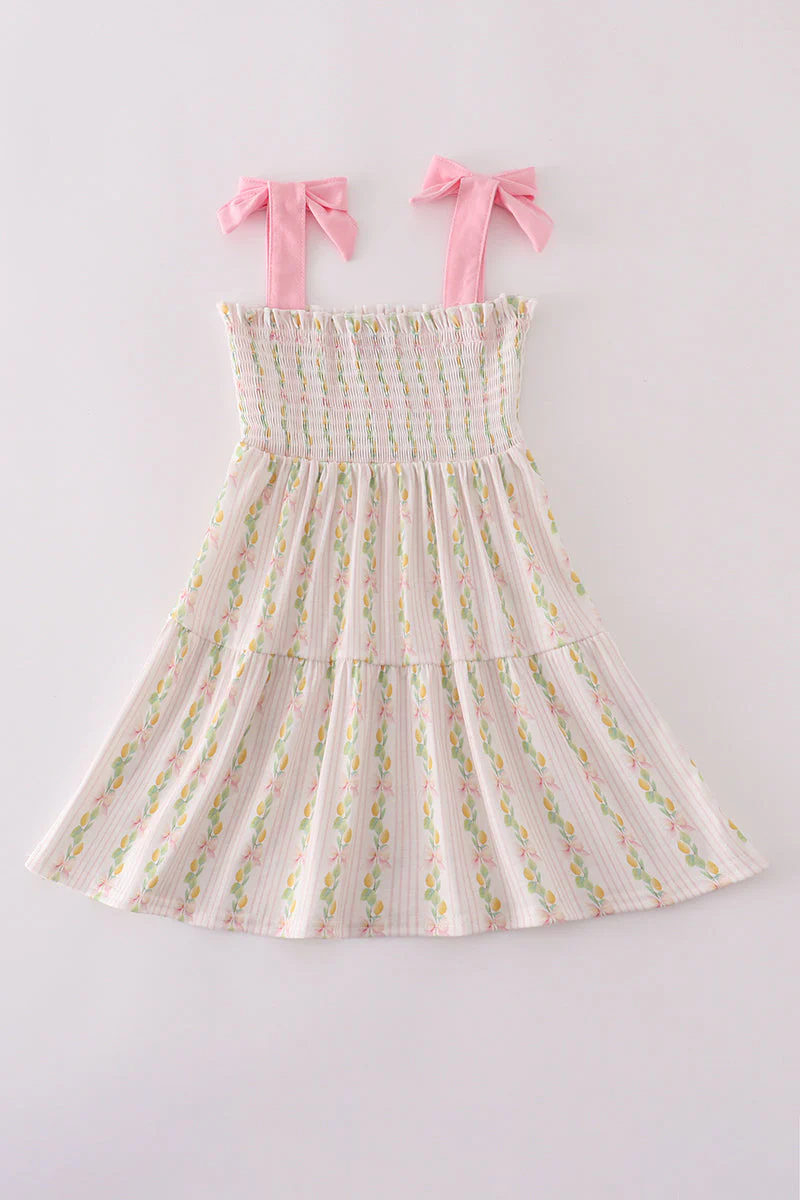 Pink lemon print bow smocked tiered mom&me dress - Image 8