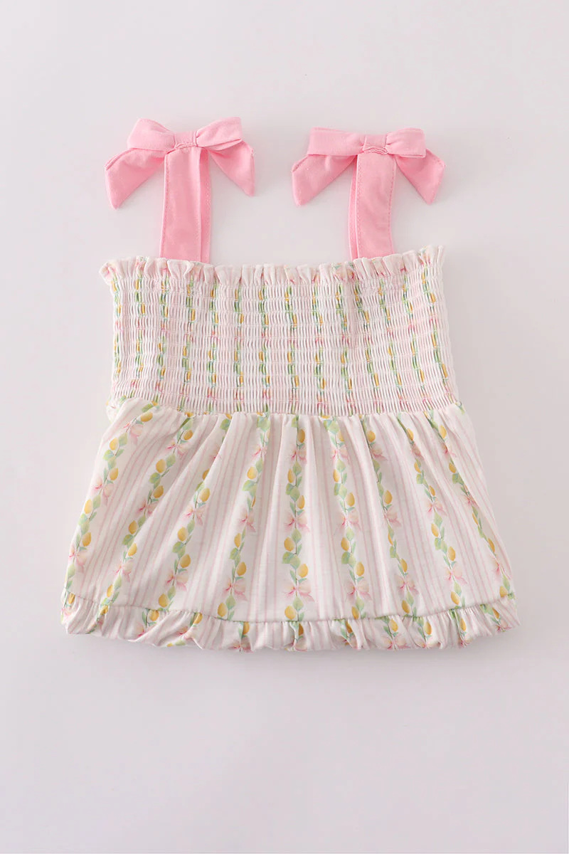 Pink lemon print bow smocked tiered mom&me dress - Image 9