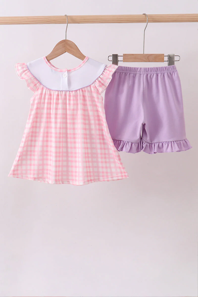 Pink octopus starfish embroidery plaid ruffle shorts set - Image 4
