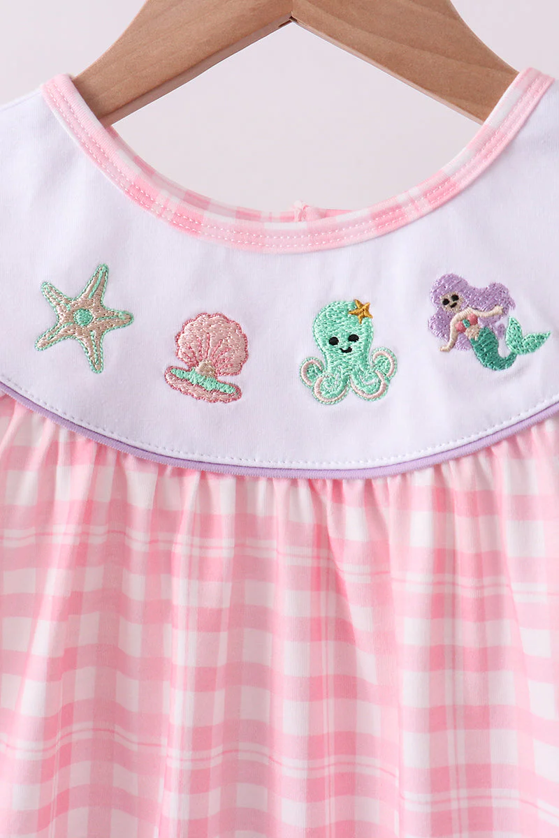Pink octopus starfish embroidery plaid ruffle shorts set - Image 5