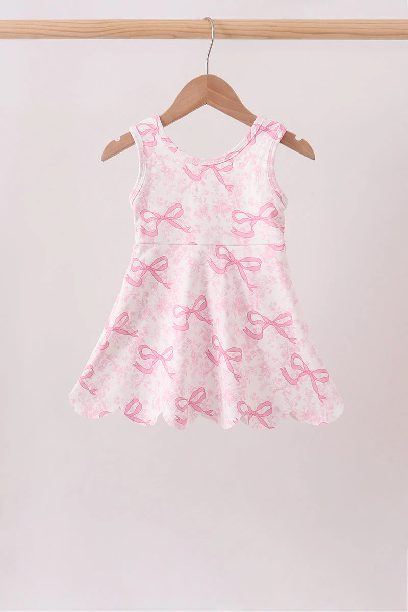 Pink Performance Bow Print Scalloped Dress