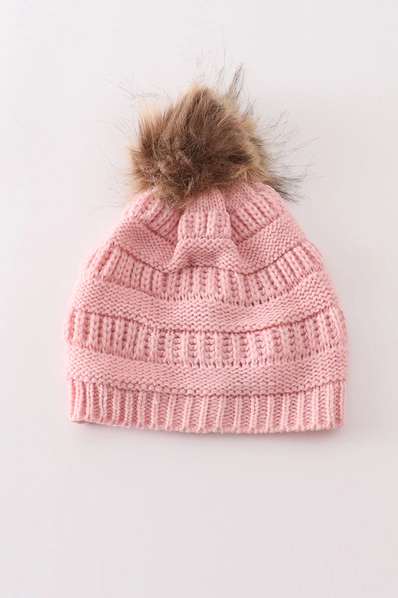 Pink pompom cable beanie hat - Image 2