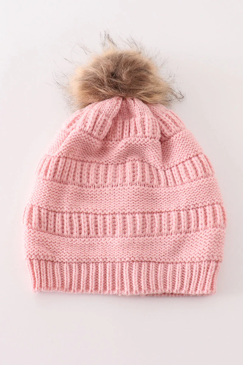 Pink pompom cable beanie hat - Image 3