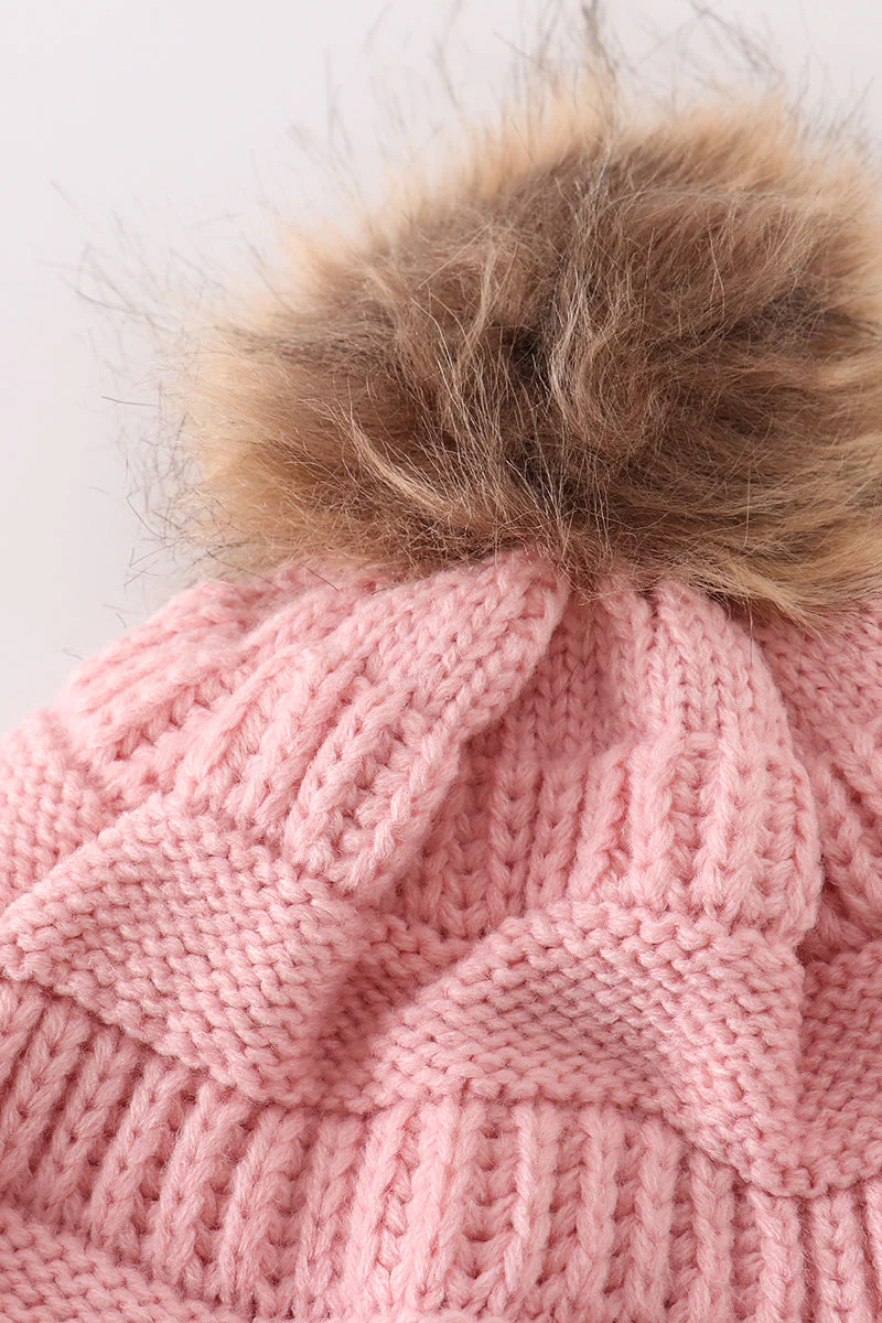 Pink pompom cable beanie hat - Image 4