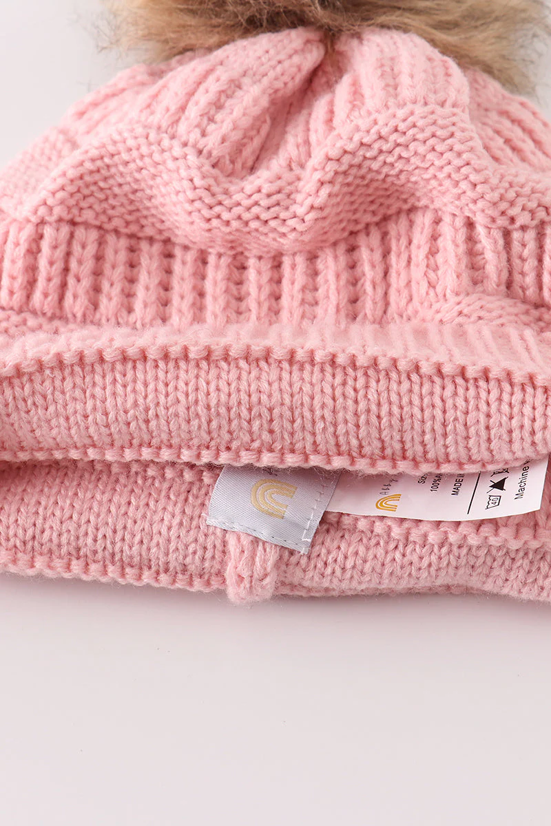 Pink pompom cable beanie hat - Image 7