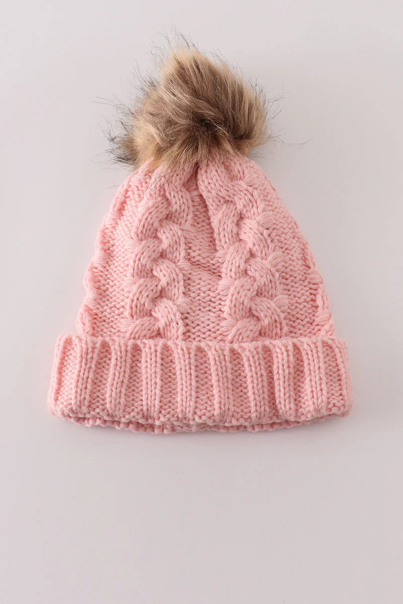 Pink pompom cable beanie hat - Image 2