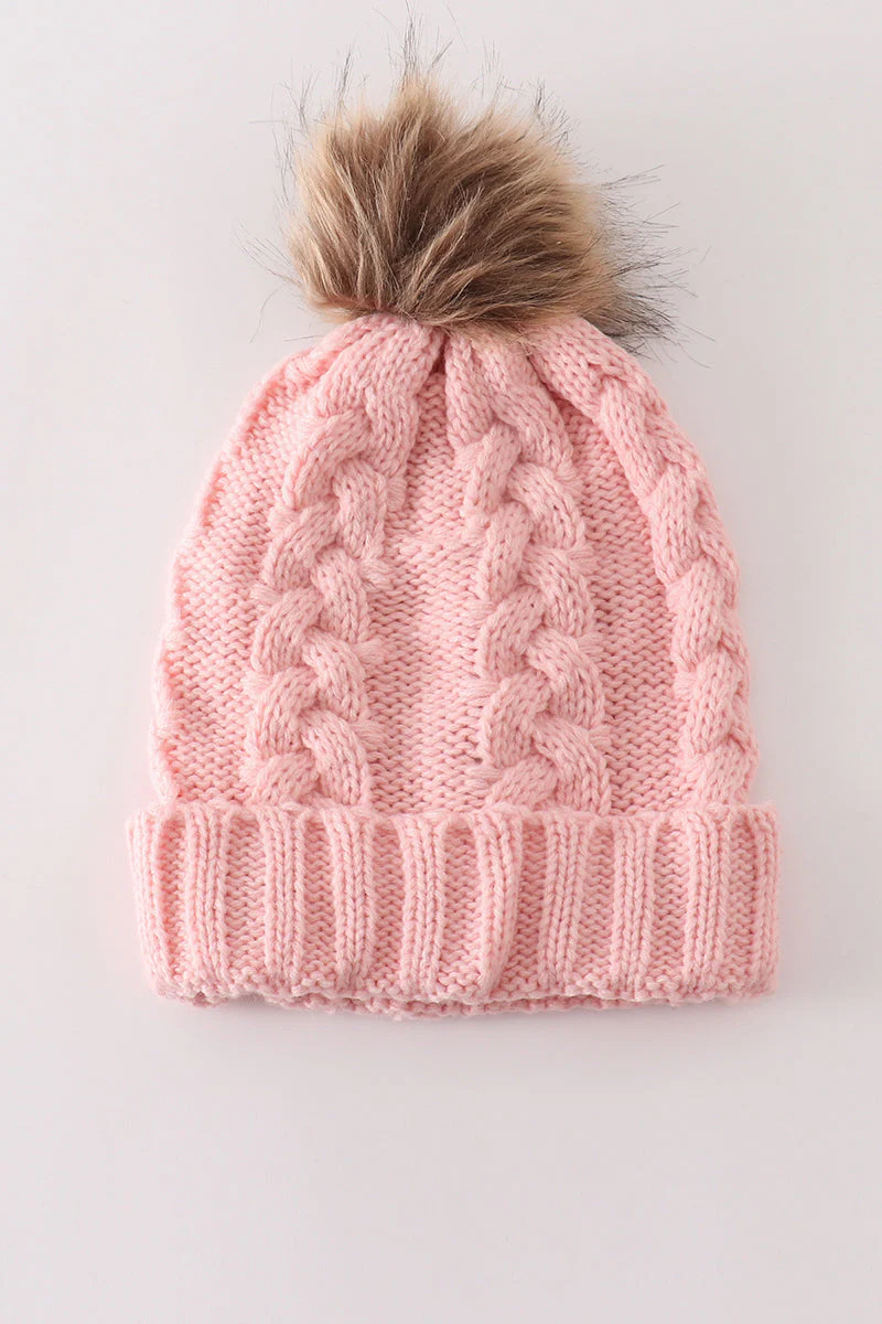 Pink pompom cable beanie hat - Image 3