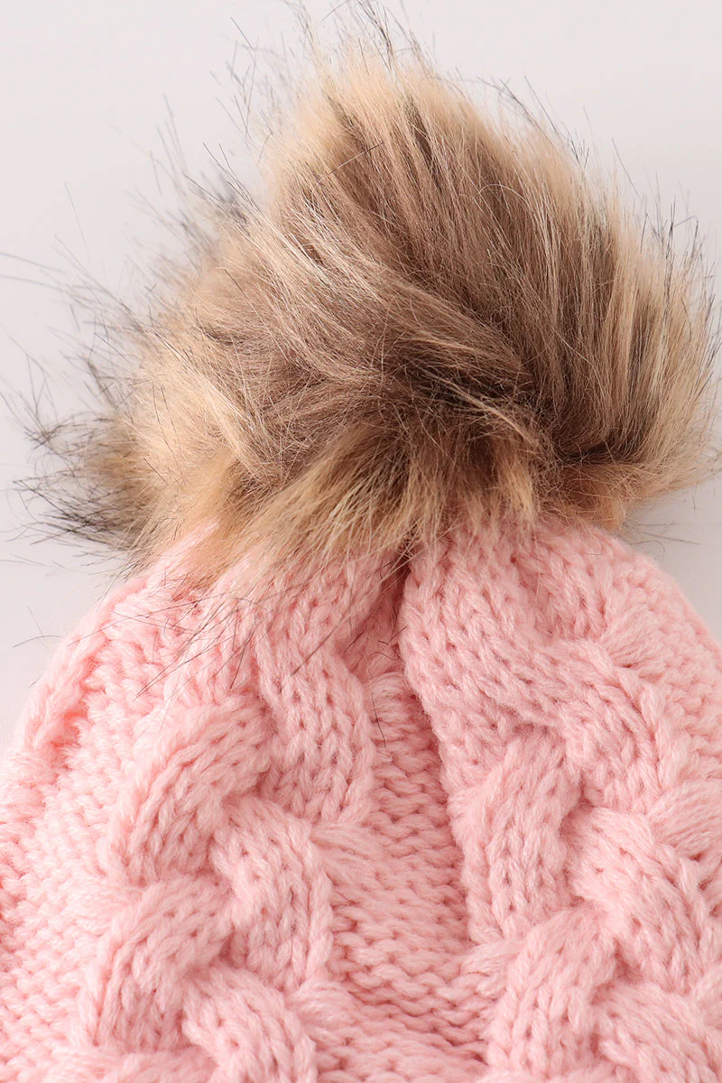 Pink pompom cable beanie hat - Image 5