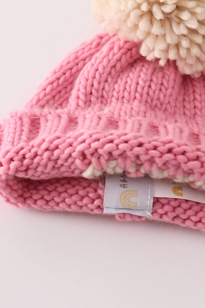 Pink pompom hi cable beanie hat - Image 6