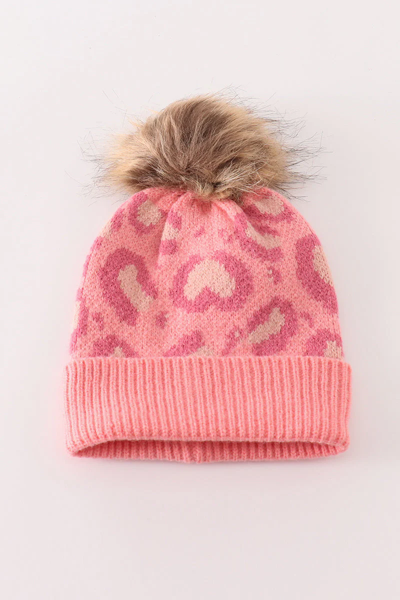 Pink pompom leopard cable beanie hat - Image 2