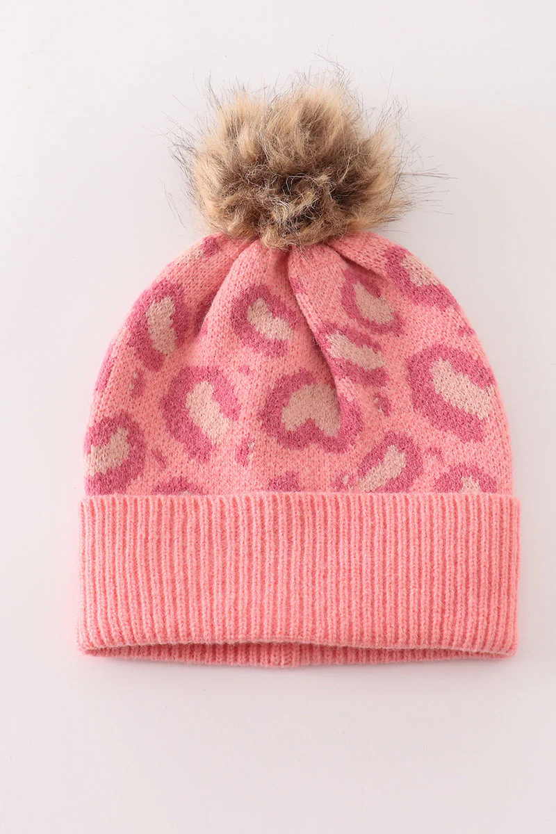 Pink pompom leopard cable beanie hat - Image 3