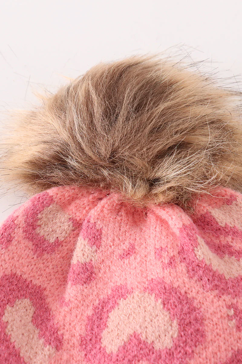 Pink pompom leopard cable beanie hat - Image 4