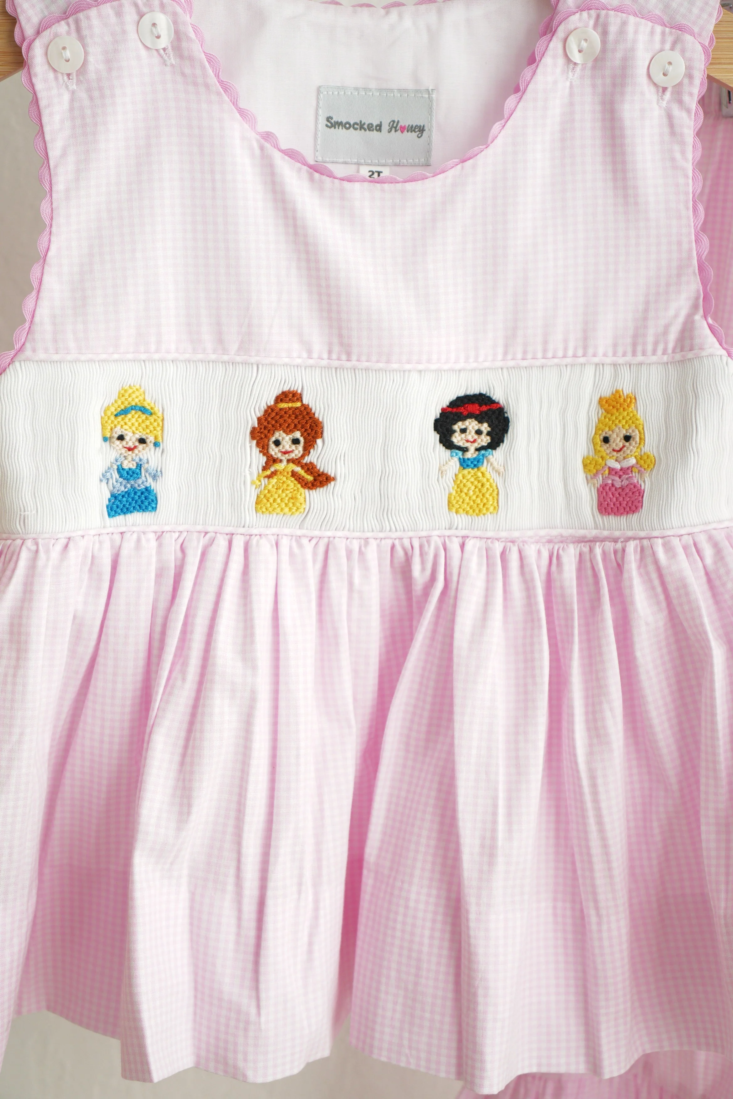 Pink princess hand smocked plaid ruffle pants set - Image 2