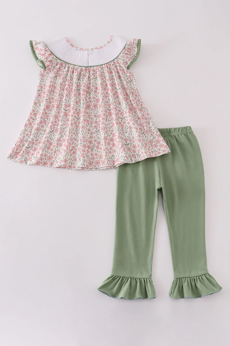 Pink pumpkin smocked floral ruffle pants set - Image 3