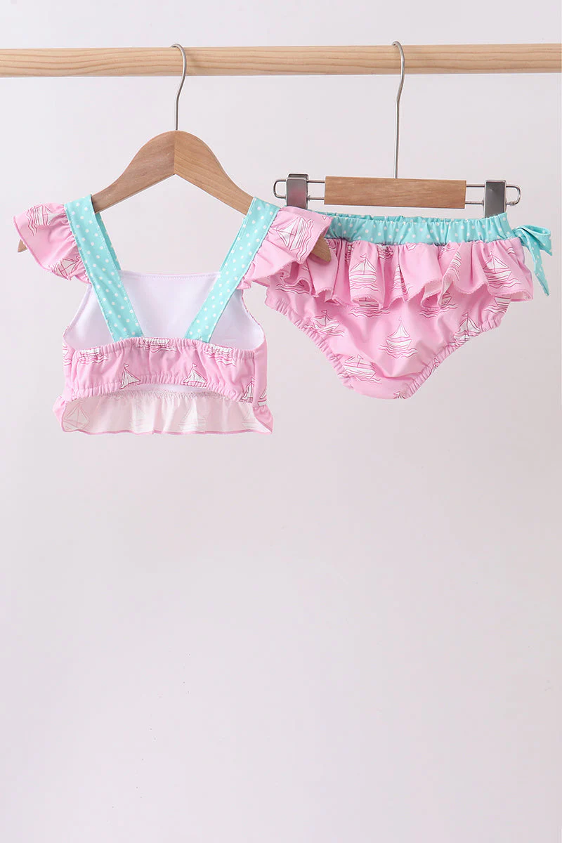 Pink sailboat print ruffle 2pc swimsuit - Image 5